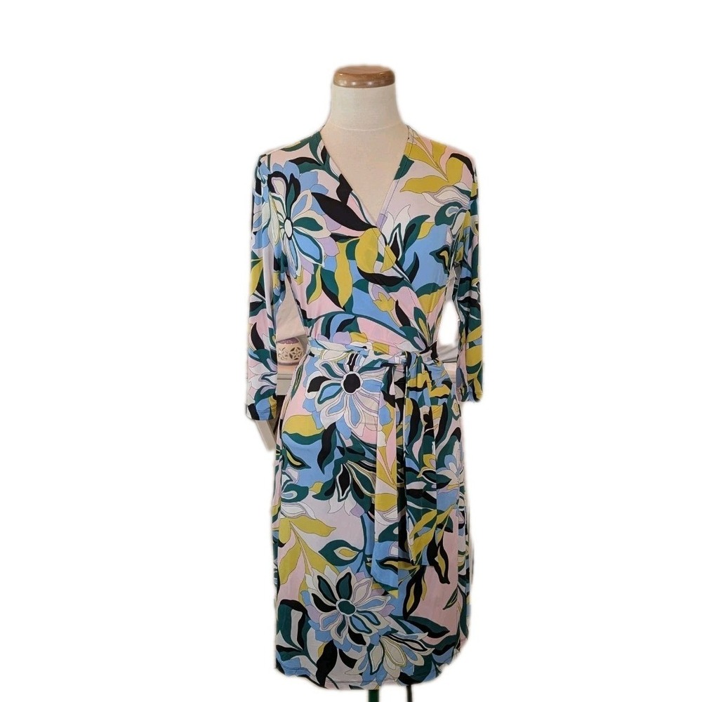 Julian Chang V Neck Tie Waist Floral Print Midi Dress Resort Wear Art To Wear